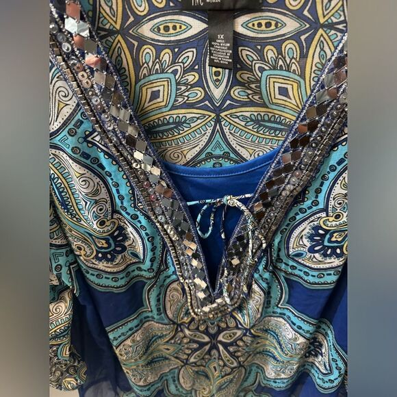 INC International Concepts Women beaded Boho Blouse with underslip  Petite XL - Picture 2 of 10